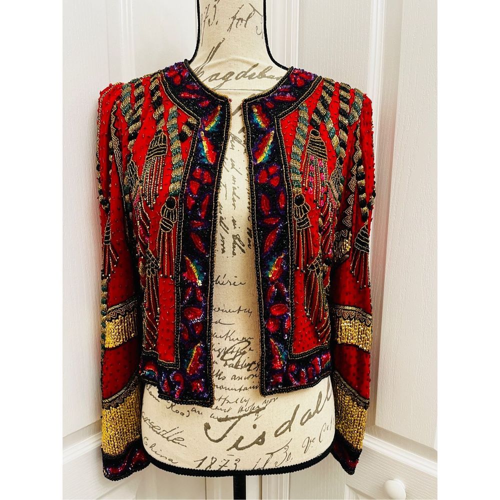 Vintage 1980s Red Silk heavily beaded jacket sequin size S Laurence Kazar